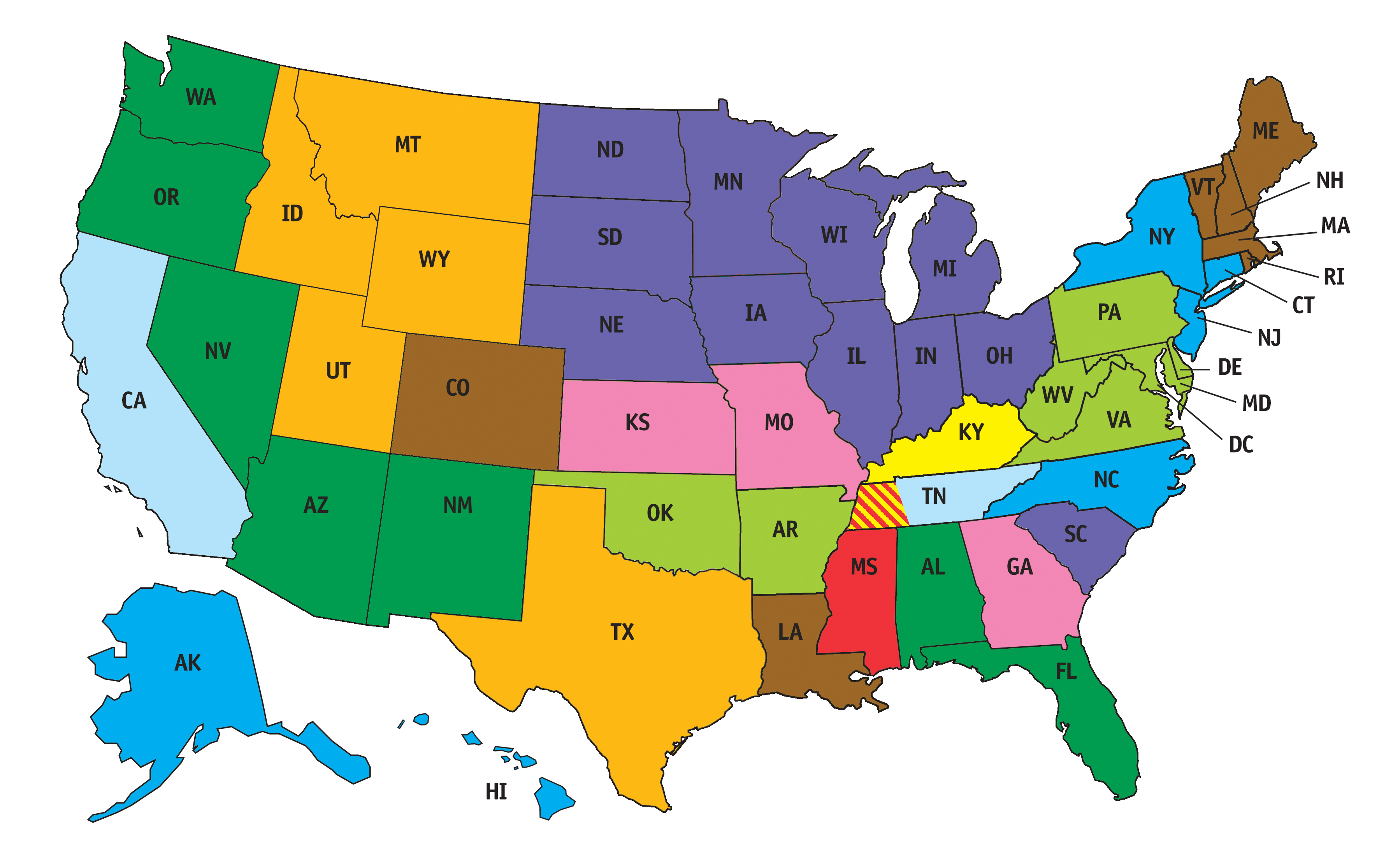 color-coded map of the United States