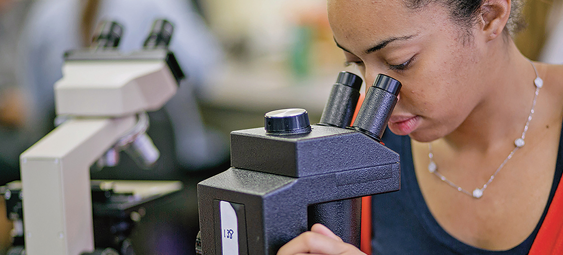 a student looks through a microscope