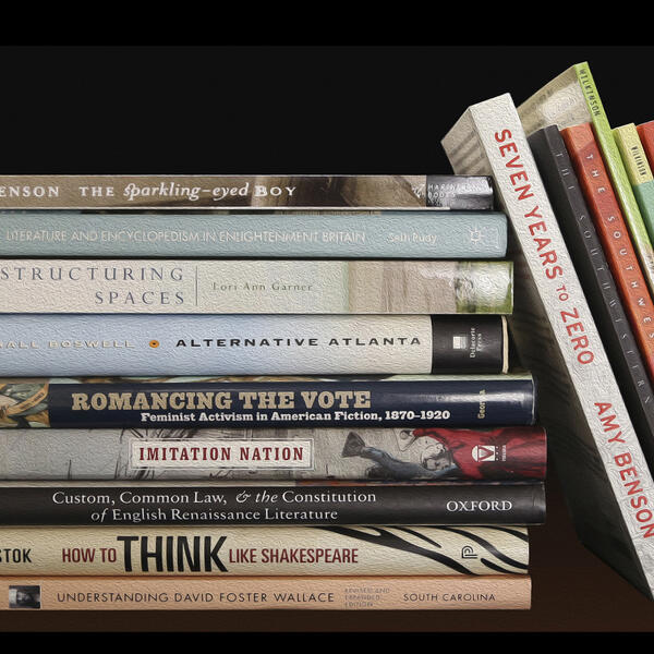 a stack of books authored by English department faculty at Rhodes College