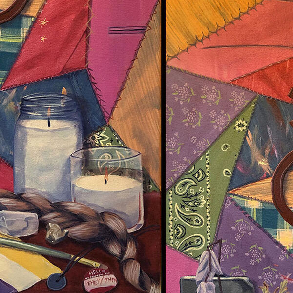a painting of patchwork quilts and gender symbols