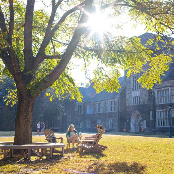 two students study outside on a fall day