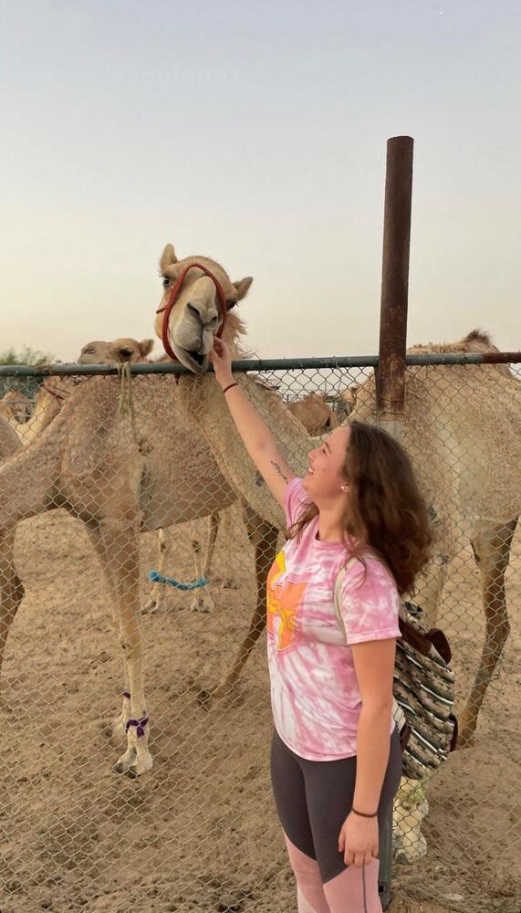 a young woman pets a camel