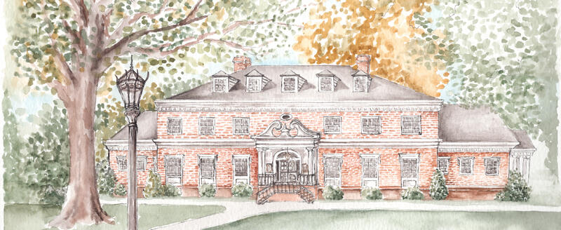 a watercolor painting of King Hall, a Georgian brick building