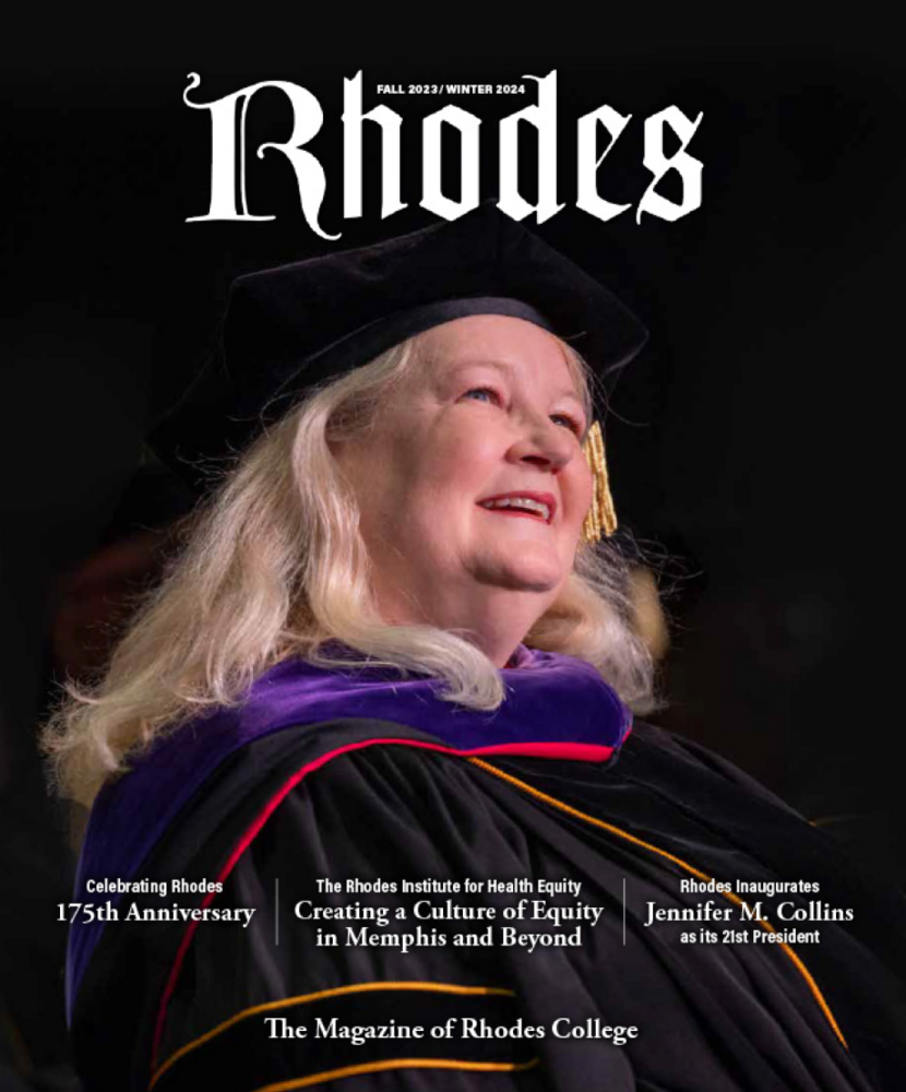 Rhodes President Jennifer Collins on the cover of the magazine published for Fall, 2023 and Winter, 2024.
